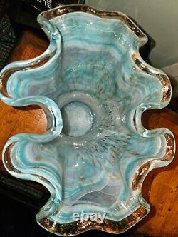 Murano Art Glass Vase Ruffled Top Teal Blue Gold Glitter 12 Ruffle BEAUTIFUL