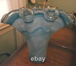 Murano Art Glass Vase Ruffled Top Teal Blue Gold Glitter 12 Ruffle BEAUTIFUL