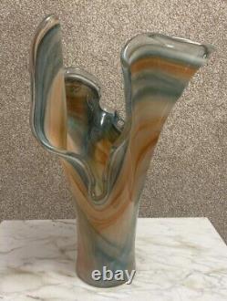 Murano Art Glass Vase Top Swirl Teal Blue Green Brown Swirl 16 1/2 Tall
