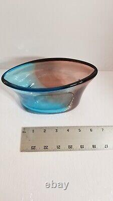 Murano Art Glass Vase/bowl, Two-tone Blue & Orange, Signed By Artist