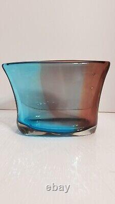 Murano Art Glass Vase/bowl, Two-tone Blue & Orange, Signed By Artist
