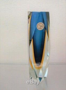 Murano Artistic Cristal Sommerso Blue Yellow Triple Overlay Abstract Block Vase