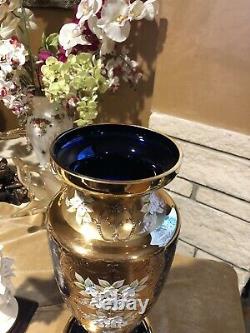 Murano Big Venetian Vase 22K Gold Enamel Flowers Cobalt Blue 16 Inch