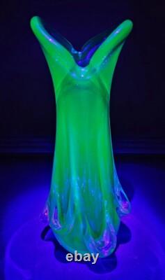 Murano Blue Glass Swung Vase With Clear Pull Drip Accents 11 3/8 GLOWS UNDER UV