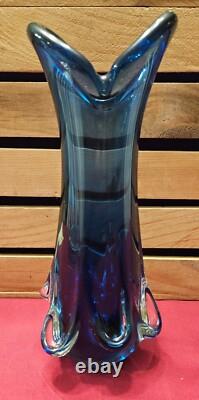 Murano Blue Glass Swung Vase With Clear Pull Drip Accents 11 3/8 GLOWS UNDER UV