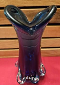 Murano Blue Glass Swung Vase With Clear Pull Drip Accents 11 3/8 GLOWS UNDER UV