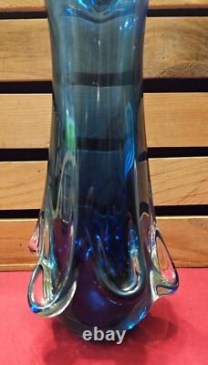 Murano Blue Glass Swung Vase With Clear Pull Drip Accents 11 3/8 GLOWS UNDER UV