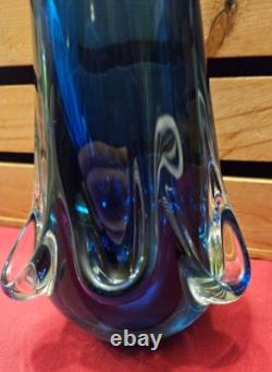 Murano Blue Glass Swung Vase With Clear Pull Drip Accents 11 3/8 GLOWS UNDER UV