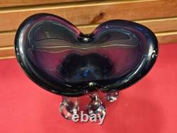 Murano Blue Glass Swung Vase With Clear Pull Drip Accents 11 3/8 GLOWS UNDER UV