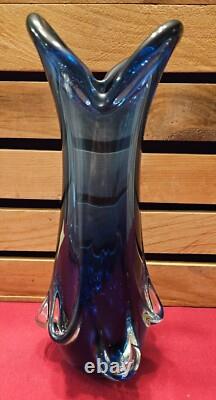 Murano Blue Glass Swung Vase With Clear Pull Drip Accents 11 3/8 GLOWS UNDER UV