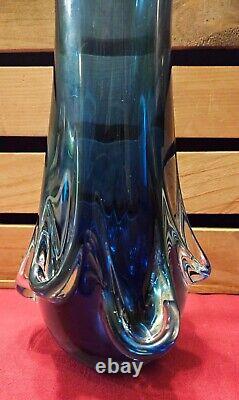 Murano Blue Glass Swung Vase With Clear Pull Drip Accents 11 3/8 GLOWS UNDER UV