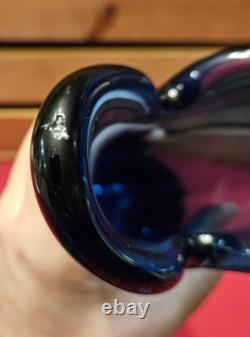 Murano Blue Glass Swung Vase With Clear Pull Drip Accents 11 3/8 GLOWS UNDER UV