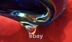 Murano Blue Glass Swung Vase With Clear Pull Drip Accents 11 3/8 GLOWS UNDER UV