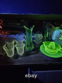 Murano Blue Glass Swung Vase With Clear Pull Drip Accents 11 3/8 GLOWS UNDER UV