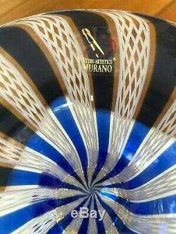 Murano Blue Swirl Latticino Gold Trimmed Vase, Original Label