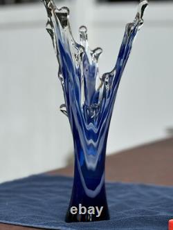 Murano Cobalt Blue & White Splash Vase. Vintage 15