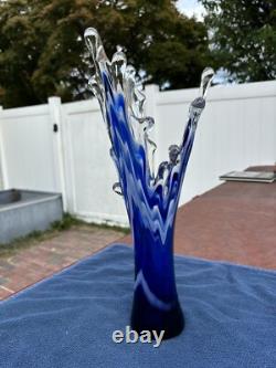Murano Cobalt Blue & White Splash Vase. Vintage 15