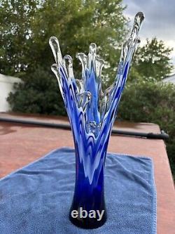 Murano Cobalt Blue & White Splash Vase. Vintage 15