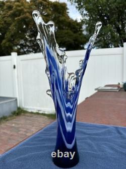 Murano Cobalt Blue & White Splash Vase. Vintage 15