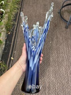 Murano Cobalt Blue & White Splash Vase. Vintage 15