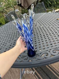 Murano Cobalt Blue & White Splash Vase. Vintage 15