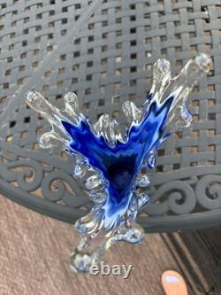 Murano Cobalt Blue & White Splash Vase. Vintage 15