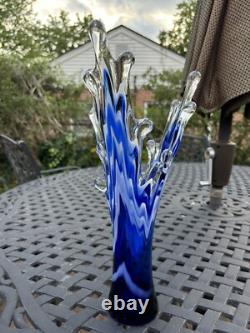Murano Cobalt Blue & White Splash Vase. Vintage 15