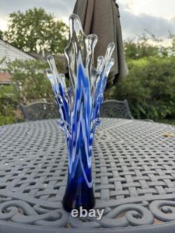 Murano Cobalt Blue & White Splash Vase. Vintage 15