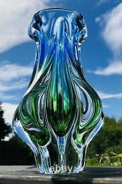 Murano Formia Onesto Art Glass Multi Sommerso Blue Green Cased In Clear Flower