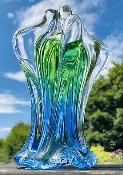 Murano Formia Onesto Art Glass Multi Sommerso Blue Green Cased In Clear Flower