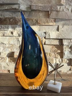 Murano Fornace Mian. Blue Amber Blown Glass Vase Signed Giuliano Mian Italy