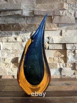 Murano Fornace Mian. Blue Amber Blown Glass Vase Signed Giuliano Mian Italy