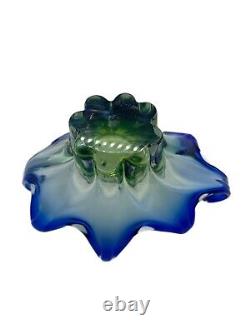 Murano Glass Sommerso Wave Vase Green Blue Encased Glass Thick Heavy 2 Handle