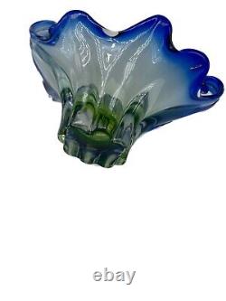 Murano Glass Sommerso Wave Vase Green Blue Encased Glass Thick Heavy 2 Handle