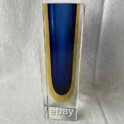 Murano Glass Vase Blue Amber Sommerso Faceted Art Glass Block 8 1/8 Vintage