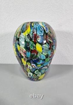 Murano Glass Vase Blue Red Yellow Millefiori 7 Tall Vintage With Sticker