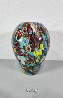 Murano Glass Vase Blue Red Yellow Millefiori 7 Tall Vintage With Sticker