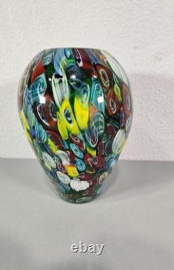 Murano Glass Vase Blue Red Yellow Millefiori 7 Tall Vintage With Sticker