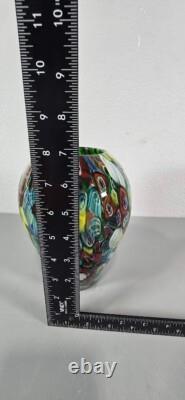 Murano Glass Vase Blue Red Yellow Millefiori 7 Tall Vintage With Sticker