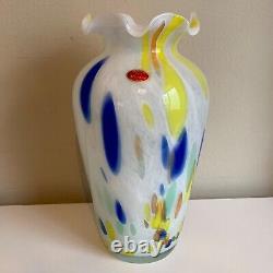 Murano Lavorazione Hand Blown Ruffle Vase Blue Yellow White Arte Made Italy MCM