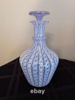 Murano Mid Century Art Glass Blue & White Latticino Ribbon Decanter Bottle Italy