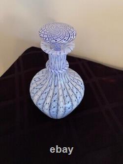 Murano Mid Century Art Glass Blue & White Latticino Ribbon Decanter Bottle Italy