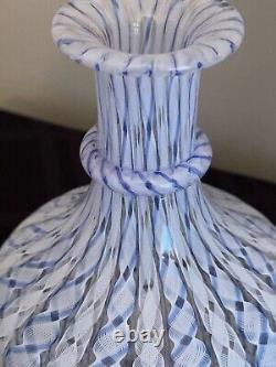 Murano Mid Century Art Glass Blue & White Latticino Ribbon Decanter Bottle Italy