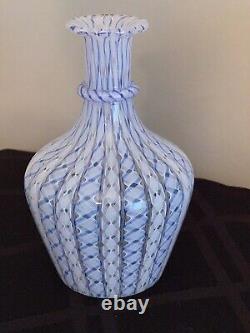 Murano Mid Century Art Glass Blue & White Latticino Ribbon Decanter Bottle Italy