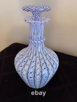 Murano Mid Century Art Glass Blue & White Latticino Ribbon Decanter Bottle Italy