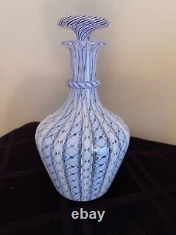 Murano Mid Century Art Glass Blue & White Latticino Ribbon Decanter Bottle Italy