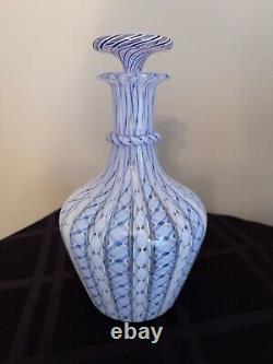 Murano Mid Century Art Glass Blue & White Latticino Ribbon Decanter Bottle Italy