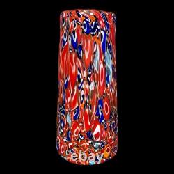 Murano Millefiori Art Glass Vase Red Orange Blue Multicolor 8 Tall