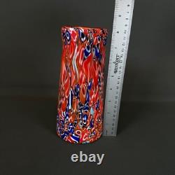 Murano Millefiori Art Glass Vase Red Orange Blue Multicolor 8 Tall