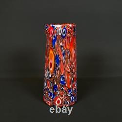 Murano Millefiori Art Glass Vase Red Orange Blue Multicolor 8 Tall